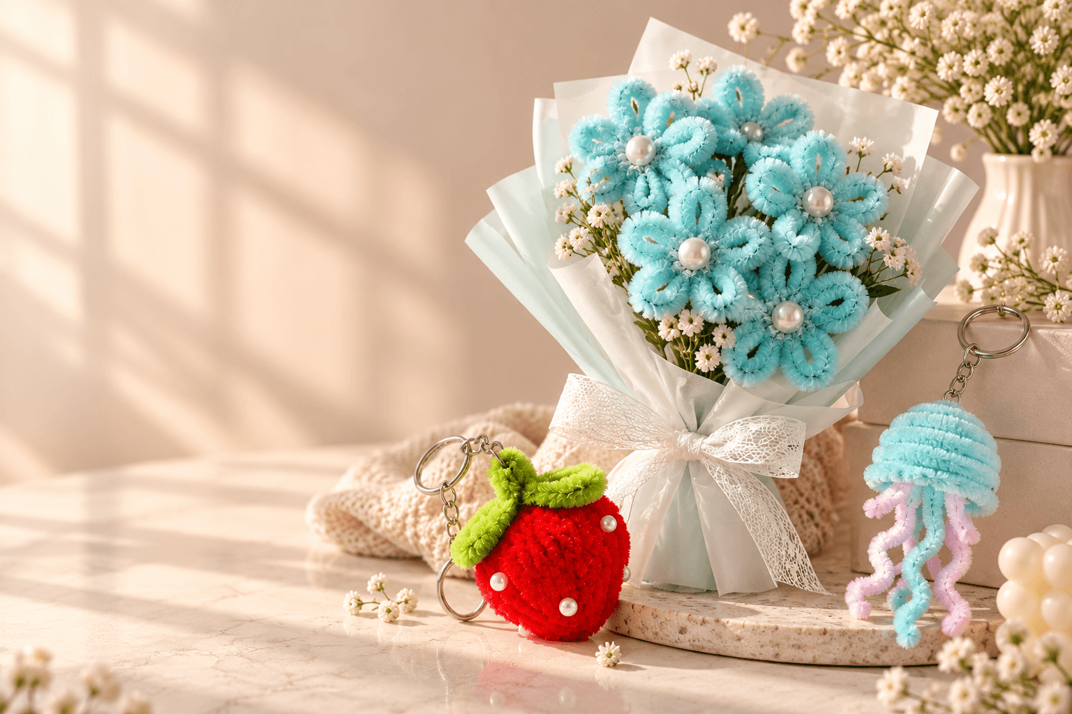 Handmade Cozy Craft bouquet and charms styled on a cream background