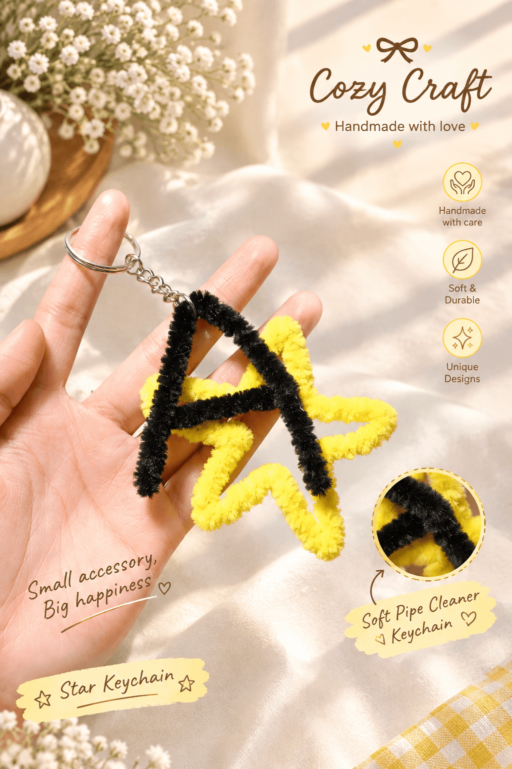 Handmade Fluffy Letter Keychain / Bag Clip - Alphabet A with Star - Black & Yellow