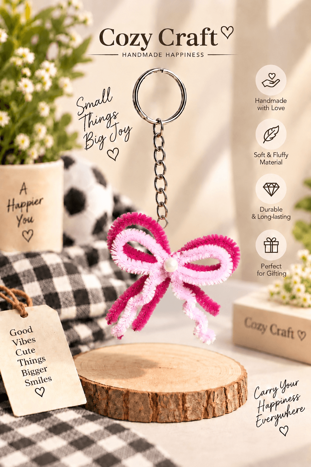 Coquette Bow Keychain - Handmade Pipe Cleaner Pink Bow Keychain with Pearl Charm