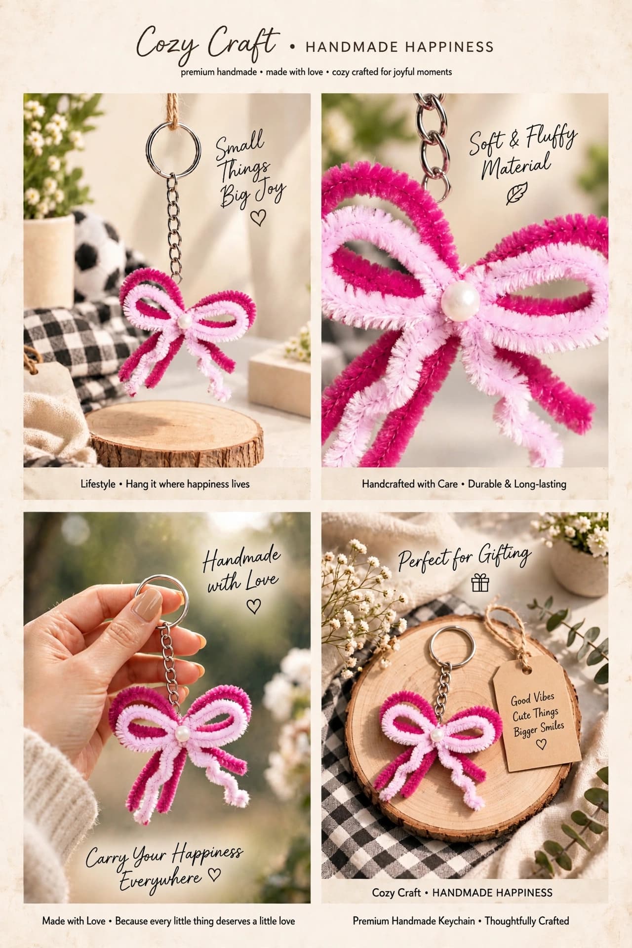 Coquette Bow Keychain - Handmade Pipe Cleaner Pink Bow Keychain with Pearl Charm alternate view