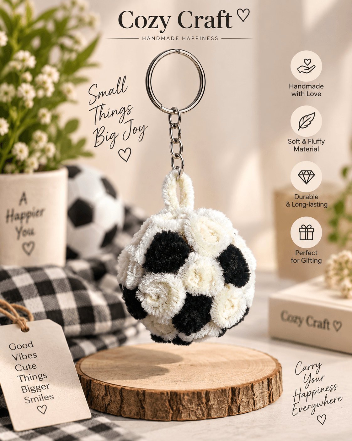 Fluffy Football Keychain – Handmade Soccer Ball Bag Charm