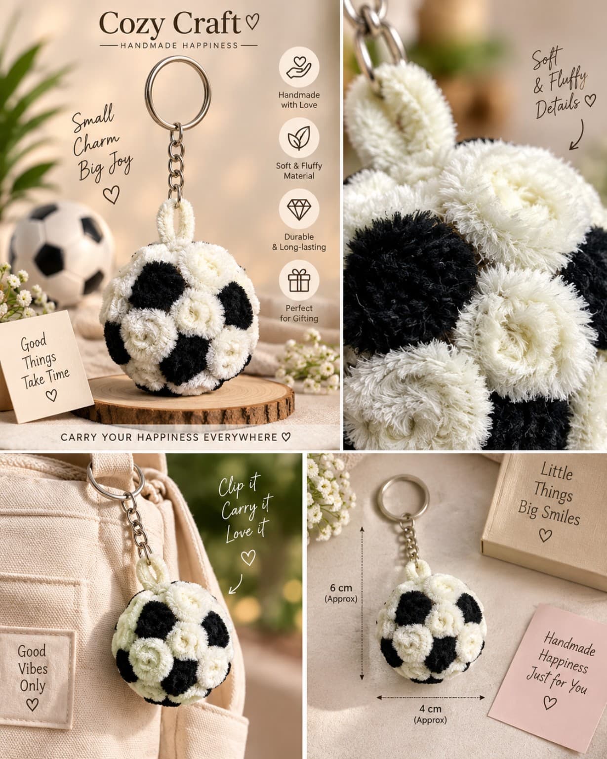 Fluffy Football Keychain – Handmade Soccer Ball Bag Charm alternate view