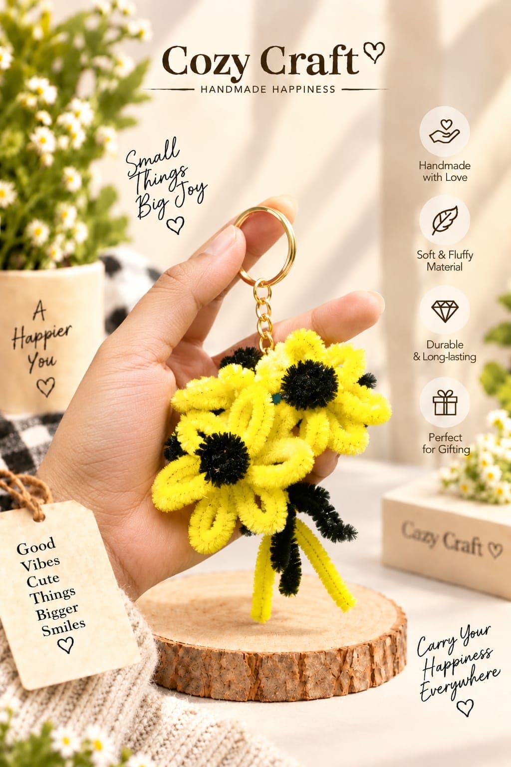 Handmade Fluffy Sunflower Bouquet Keychain / Bag Clip - Yellow & Black