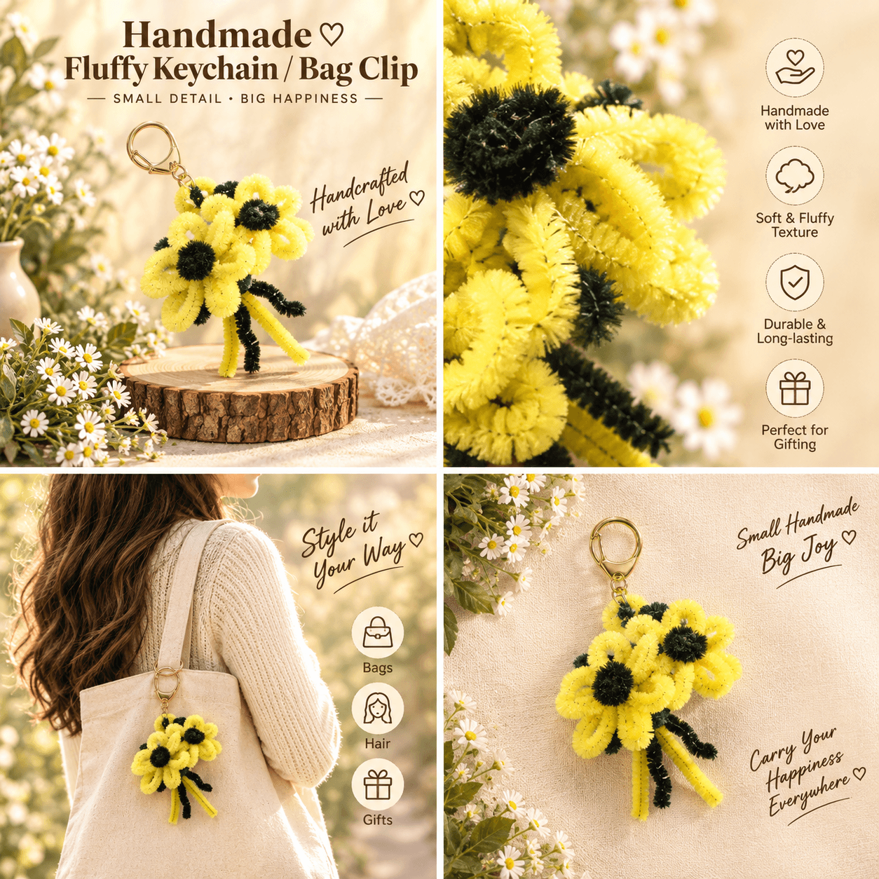 Handmade Fluffy Sunflower Bouquet Keychain / Bag Clip - Yellow & Black alternate view
