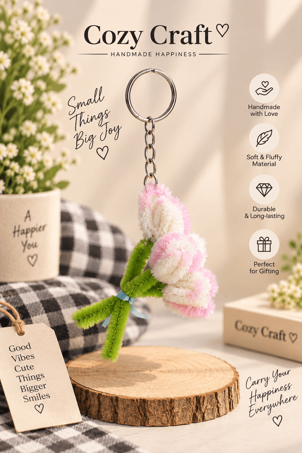 Mini Tulip Bouquet Keychain - Pink & White