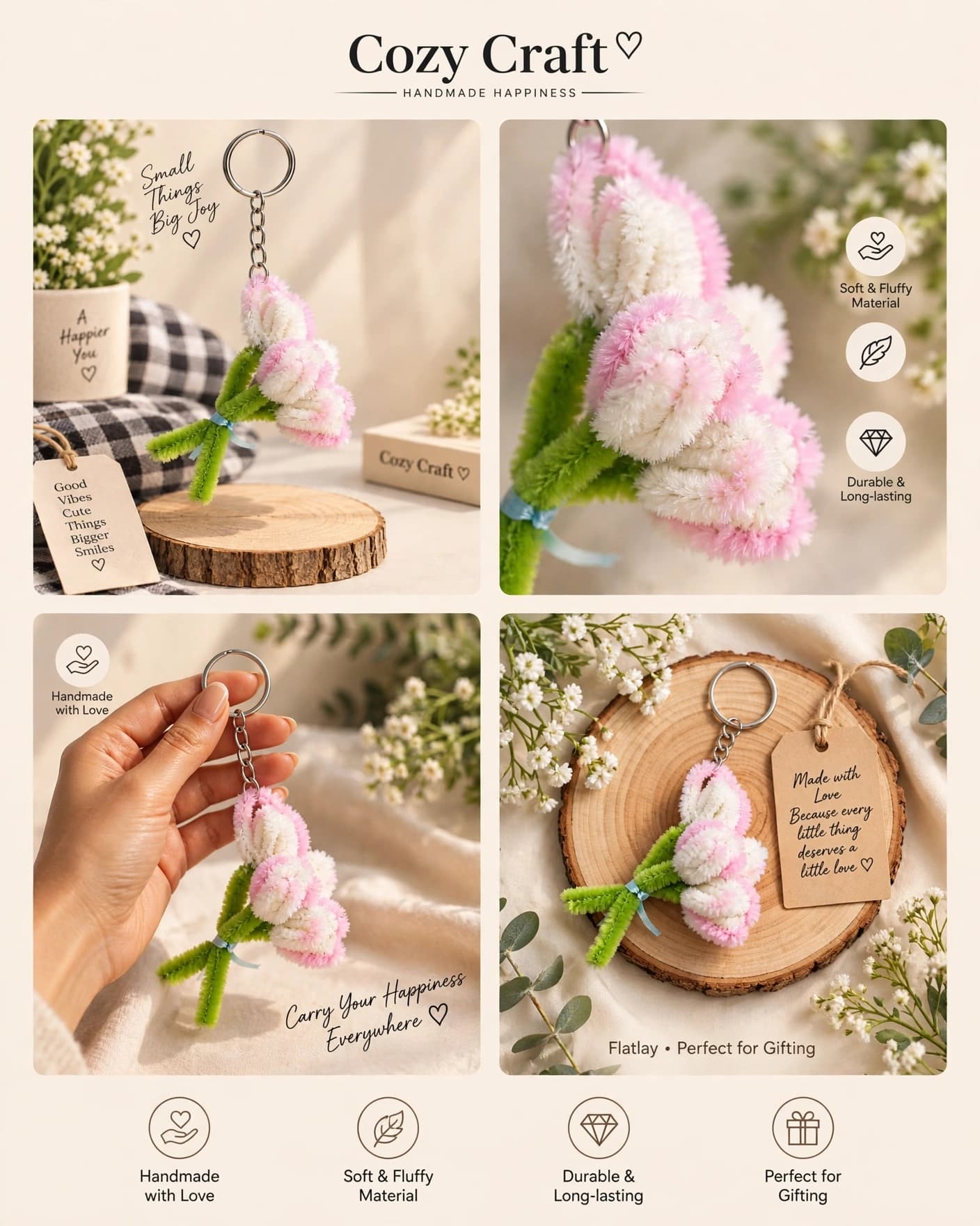 Mini Tulip Bouquet Keychain - Pink & White alternate view